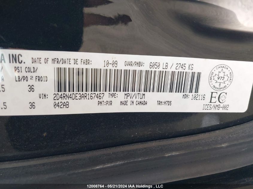 2010 Dodge Grand Caravan Sxt VIN: 2D4RN4DE3AR167467 Lot: 12008764