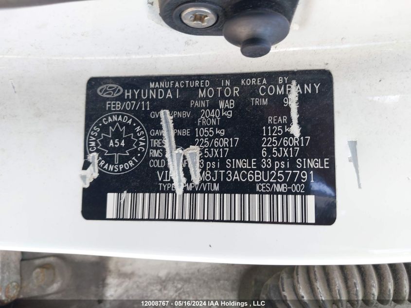 2011 Hyundai Tucson Gl/Gls VIN: KM8JT3AC6BU257791 Lot: 12008767