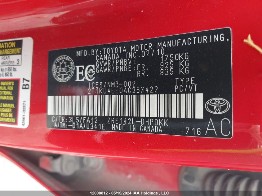 2010 Toyota Matrix VIN: 2T1KU4EE0AC357422 Lot: 12008812