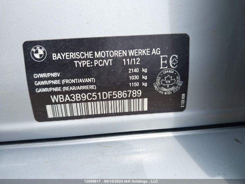 2013 BMW 3 Series VIN: WBA3B9C51DF586789 Lot: 12008817