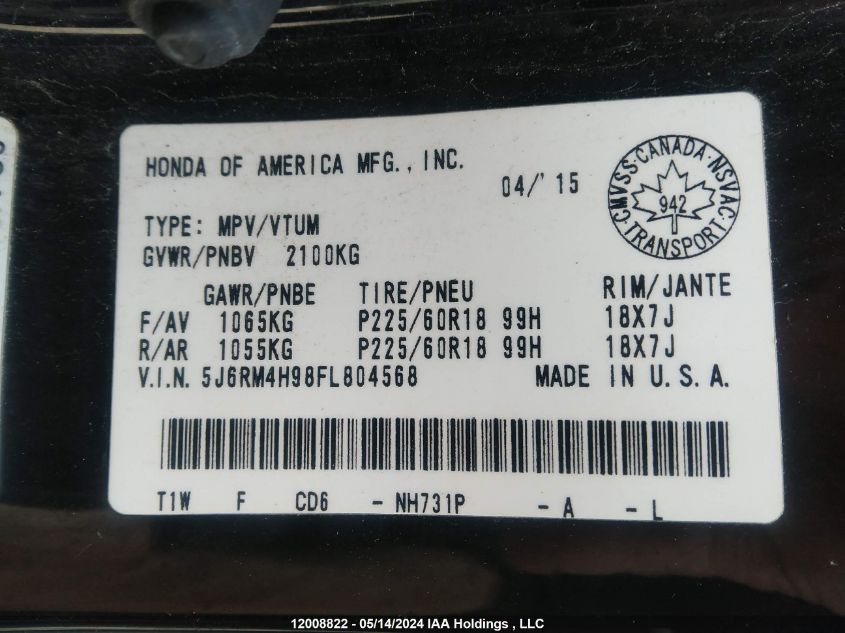 2015 Honda Cr-V Touring VIN: 5J6RM4H98FL804568 Lot: 12008822