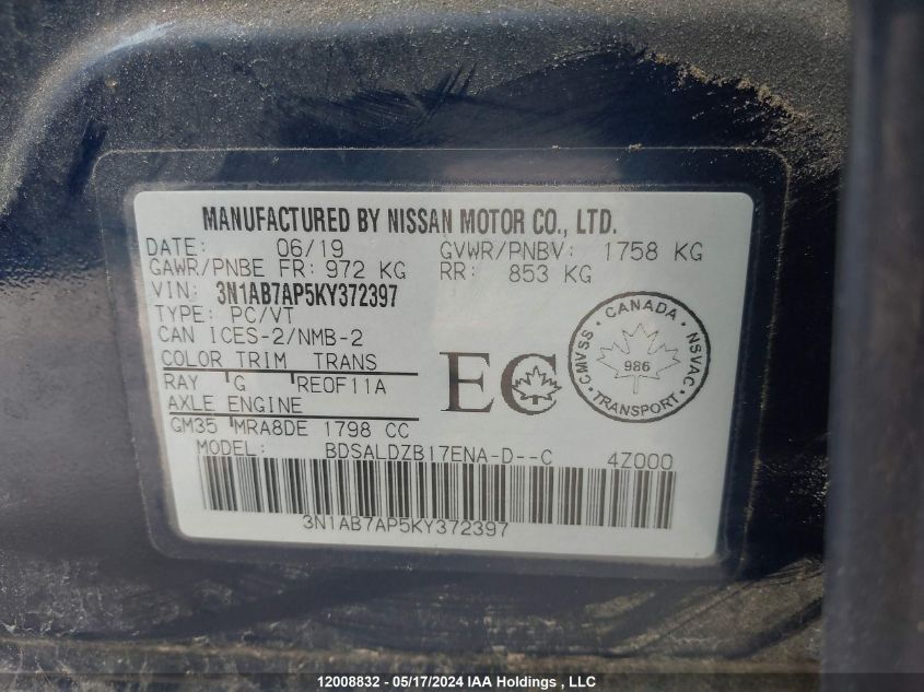 2019 Nissan Sentra VIN: 3N1AB7AP5KY372397 Lot: 12008832