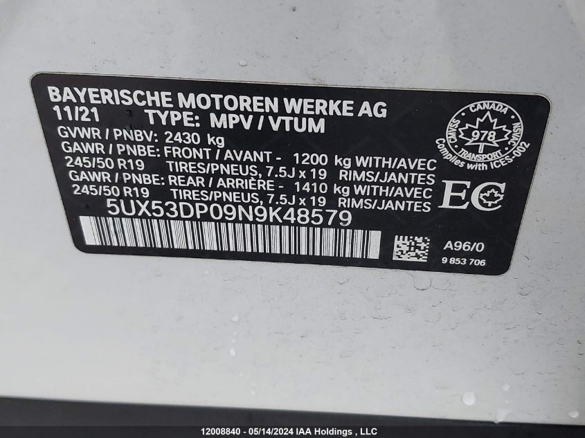 2022 BMW X3 3.0I VIN: 5UX53DP09N9K48579 Lot: 12008840