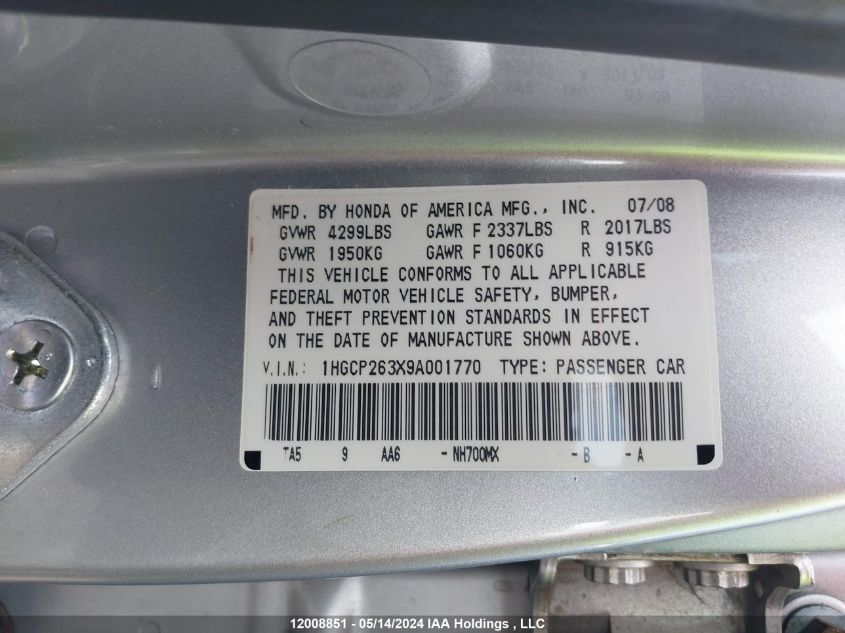 2009 Honda Accord Lx VIN: 1HGCP263X9A001770 Lot: 12008851