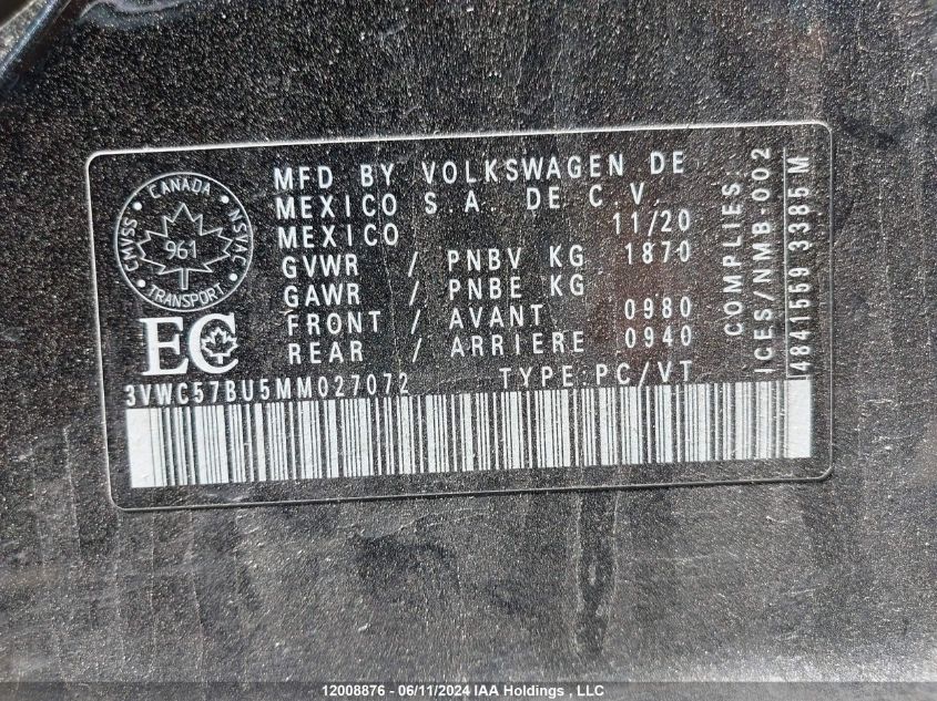 2021 Volkswagen Jetta S/Se/R-Line VIN: 3VWC57BU5MM027072 Lot: 12008876