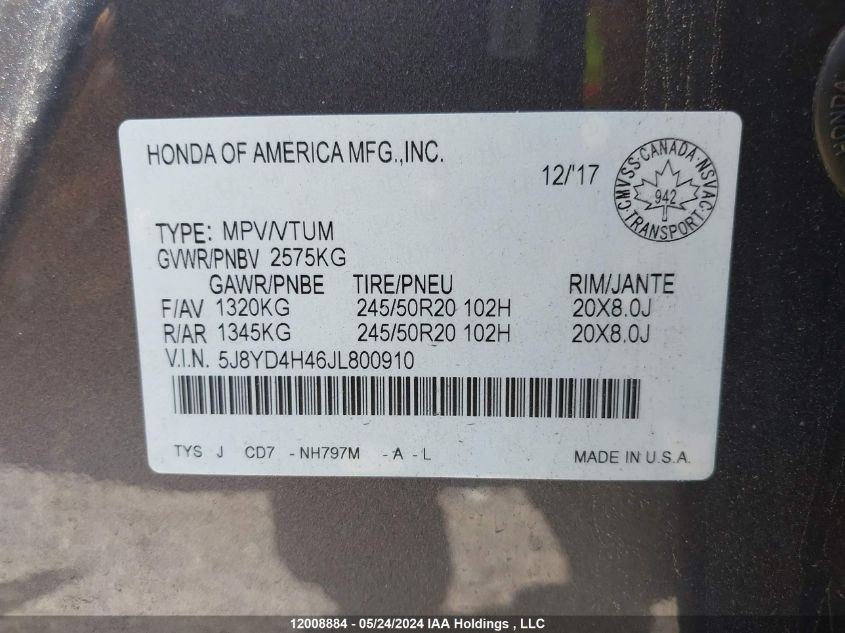 2018 Acura Mdx VIN: 5J8YD4H46JL800910 Lot: 12008884