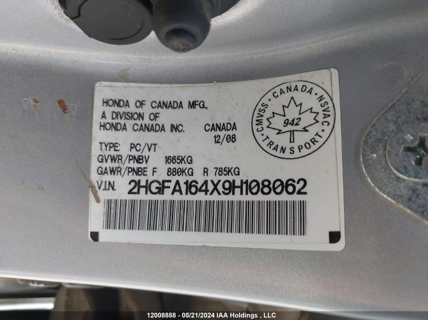 2009 Honda Civic Sdn VIN: 2HGFA164X9H108062 Lot: 12008888