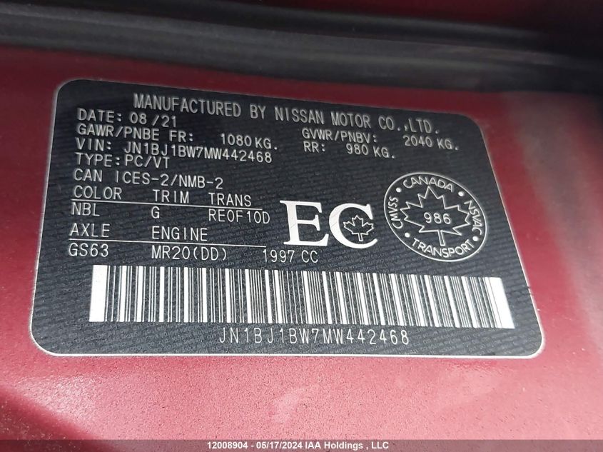 2021 Nissan Qashqai VIN: JN1BJ1BW7MW442468 Lot: 12008904