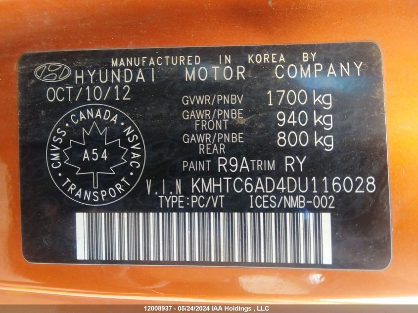 2013 Hyundai Veloster VIN: KMHTC6AD4DU116028 Lot: 12008937