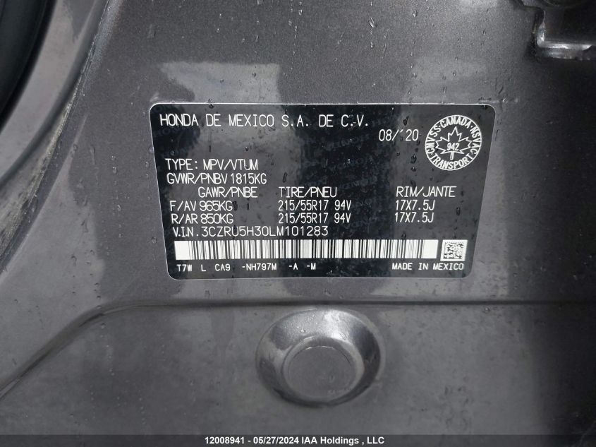 2020 Honda Hr-V VIN: 3CZRU5H30LM101283 Lot: 12008941