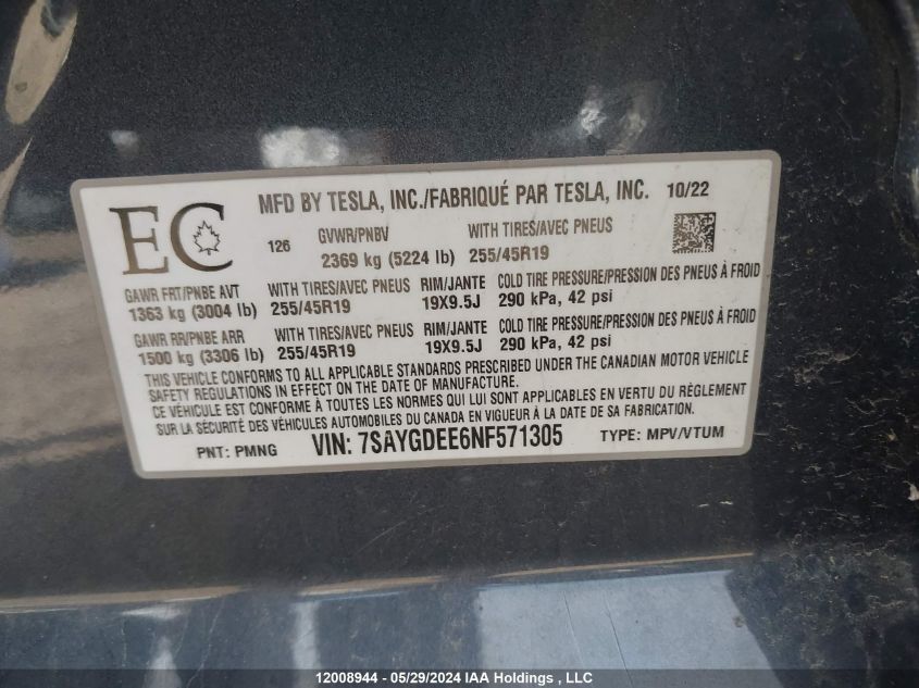 2022 Tesla Model Y VIN: 7SAYGDEE6NF571305 Lot: 12008944