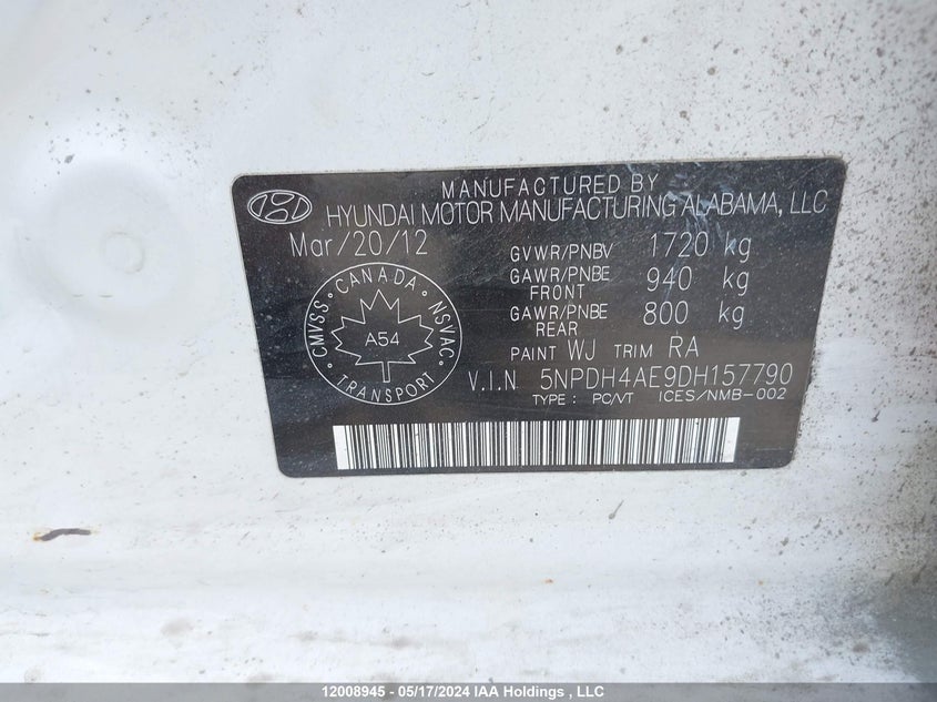 2013 Hyundai Elantra VIN: 5NPDH4AE9DH157790 Lot: 12008945