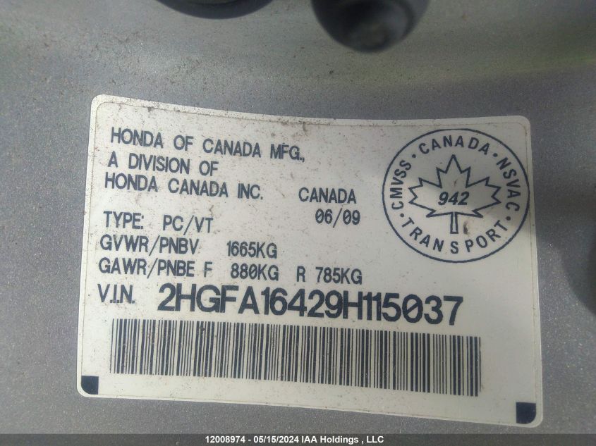 2009 Honda Civic Dx-G VIN: 2HGFA16429H115037 Lot: 12008974