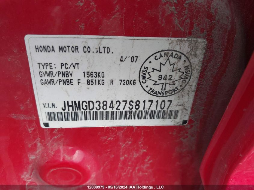 2007 Honda Fit VIN: JHMGD38427S817107 Lot: 12008979