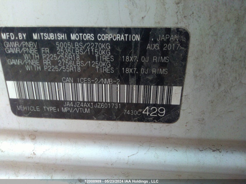 2018 Mitsubishi Outlander VIN: JA4JZ4AX1JZ601731 Lot: 12008989