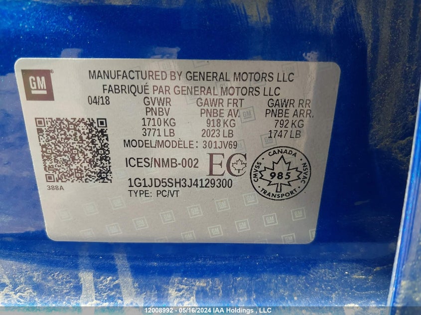 2018 Chevrolet Sonic VIN: 1G1JD5SH3J4129300 Lot: 12008992