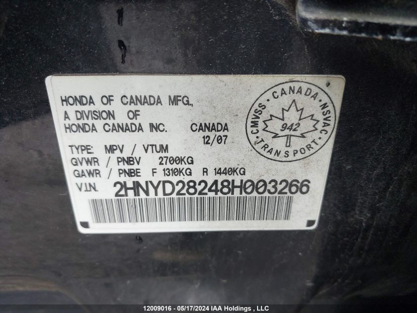 2008 Acura Mdx VIN: 2HNYD28248H003266 Lot: 12009016