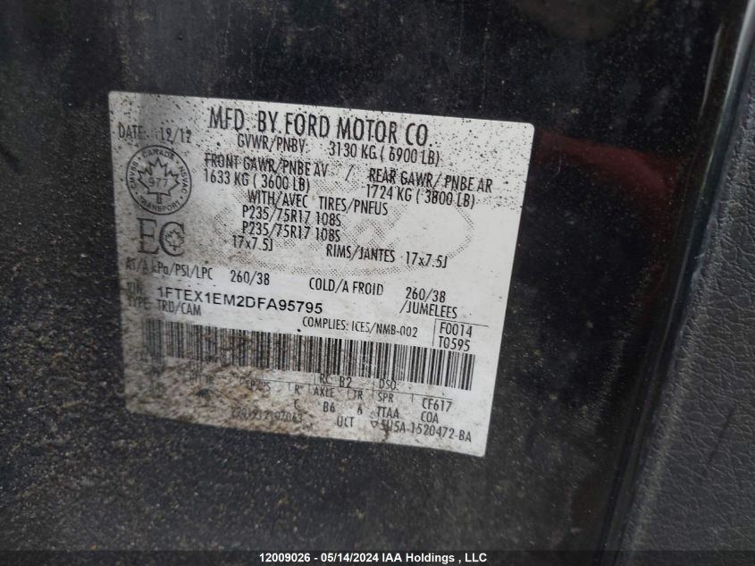 2013 Ford F150 Super Cab VIN: 1FTEX1EM2DFA95795 Lot: 12009026