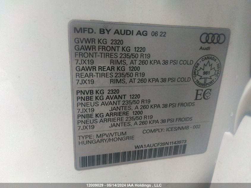 2022 Audi Q3 Premium 40 VIN: WA1AUCF39N1143973 Lot: 12009029