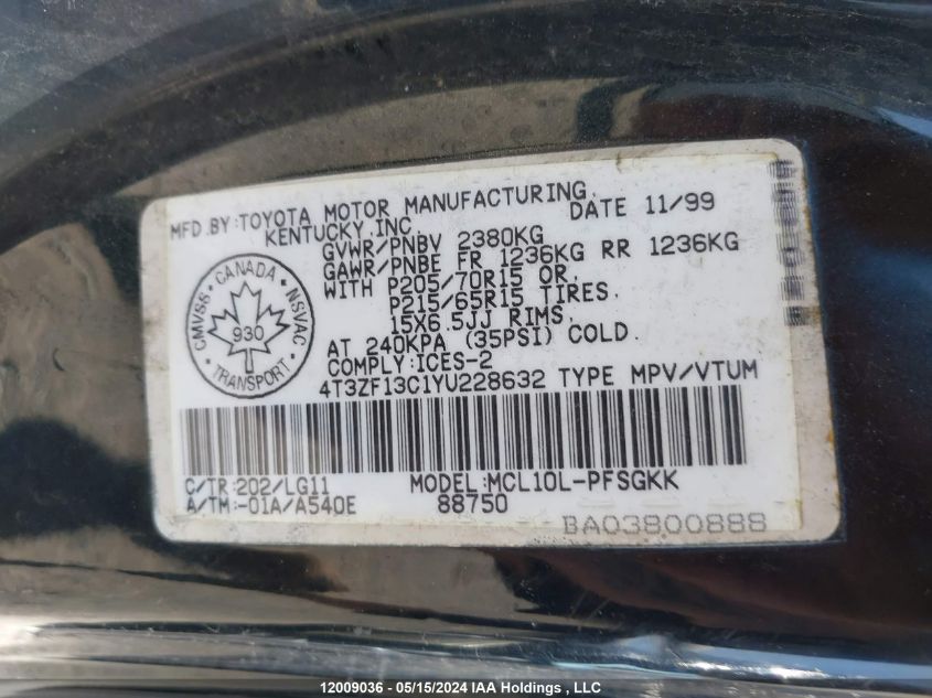 2000 Toyota Sienna Le/Xle VIN: 4T3ZF13C1YU228632 Lot: 12009036