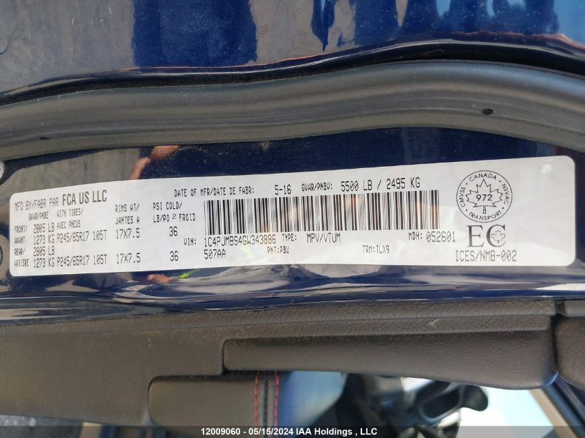 2016 Jeep Cherokee Trailhawk VIN: 1C4PJMBS4GW343886 Lot: 12009060