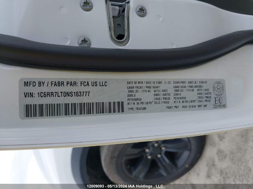 2022 Ram 1500 Classic Slt VIN: 1C6RR7LT0NS163777 Lot: 12009093