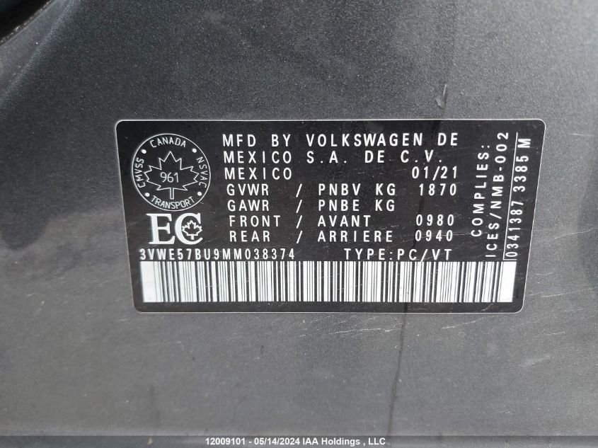 2021 Volkswagen Jetta Sel VIN: 3VWE57BU9MM038374 Lot: 12009101