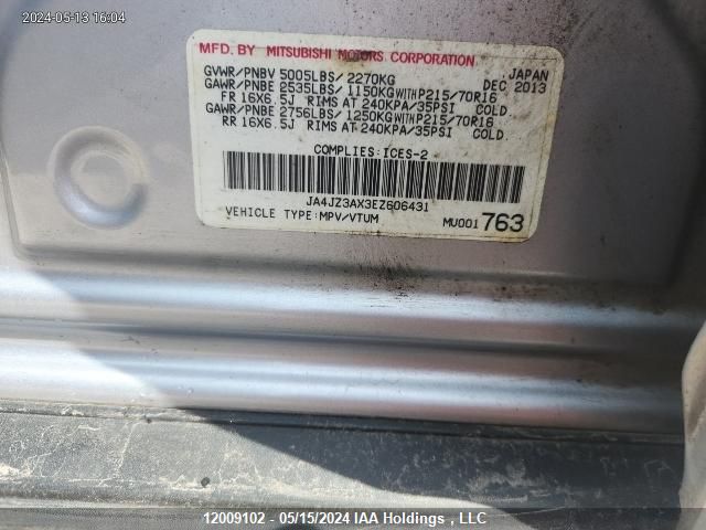 2014 Mitsubishi Outlander VIN: JA4JZ3AX3EZ606431 Lot: 12009102