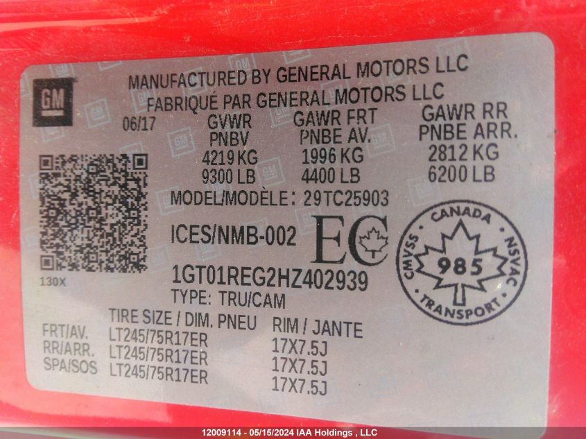 2017 GMC Sierra C2500 Heavy Duty VIN: 1GT01REG2HZ402939 Lot: 12009114