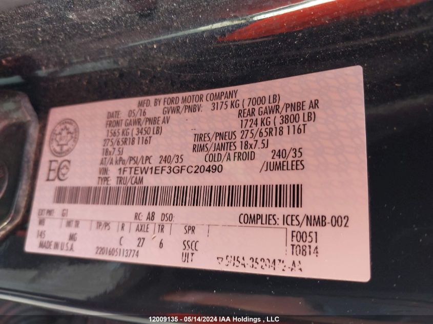 2016 Ford F-150 Xlt VIN: 1FTEW1EF3GFC20490 Lot: 12009135