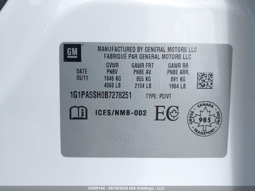 2011 Chevrolet Cruze VIN: 1G1PA5SH0B7278251 Lot: 12009144