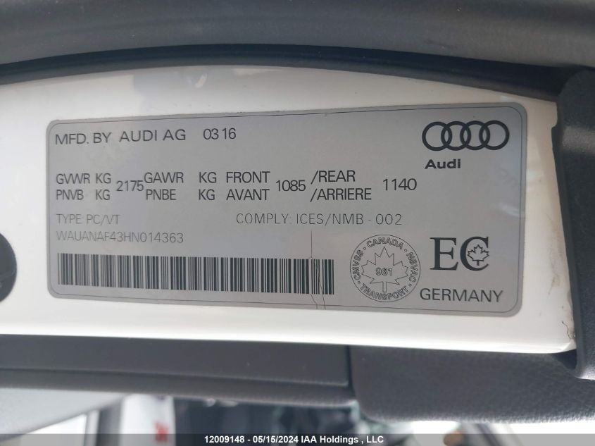 2017 Audi A4 VIN: WAUANAF43HN014363 Lot: 12009148