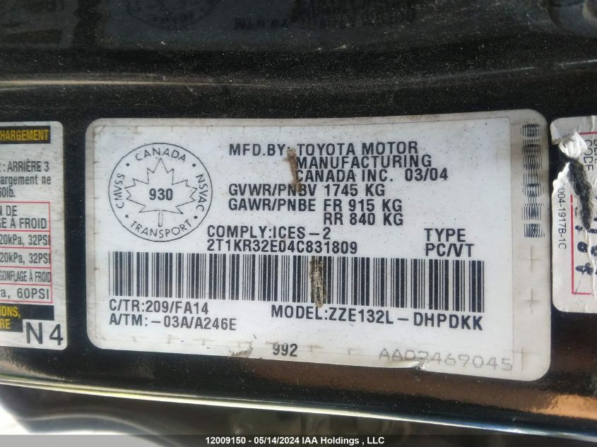 2004 Toyota Matrix VIN: 2T1KR32E04C831809 Lot: 12009150