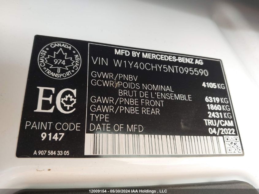 2022 Mercedes-Benz Sprinter 2500 VIN: W1Y40CHY5NT095590 Lot: 12009154