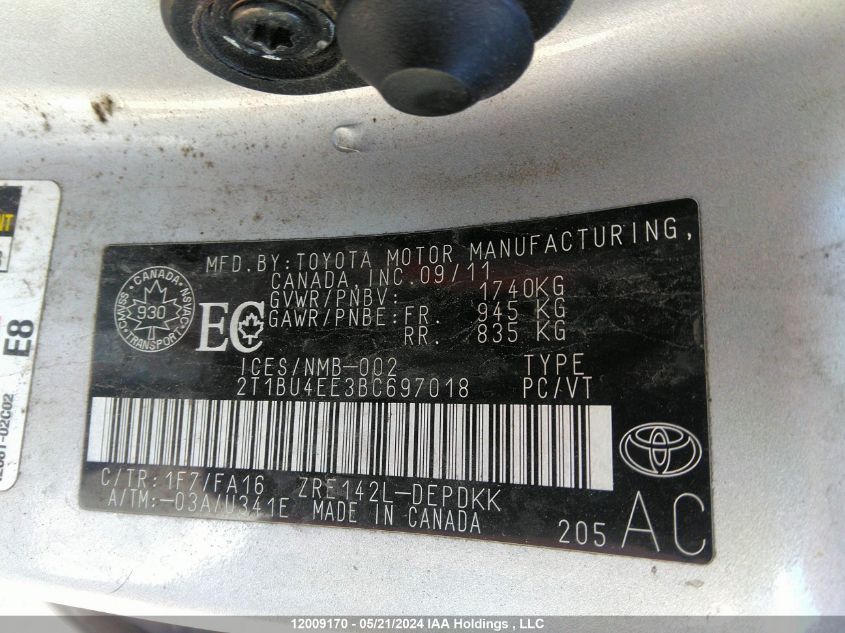 2011 Toyota Corolla S/Le VIN: 2T1BU4EE3BC697018 Lot: 12009170