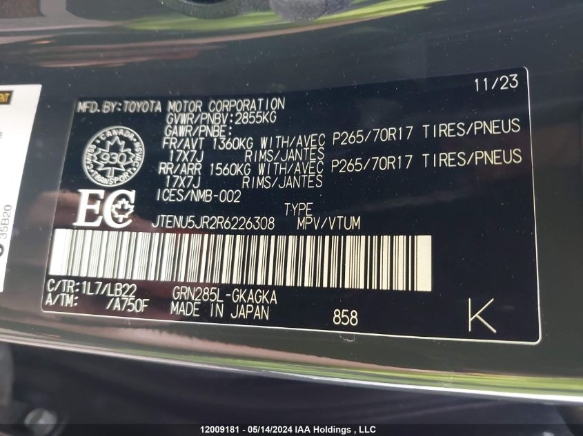 2024 Toyota 4Runner Sr5/Sr5 Premium/Limited/Trd Sport/Trd Off Road/Trd Off Road Prem/Trd Pro VIN: JTENU5JR2R6226308 Lot: 12009181