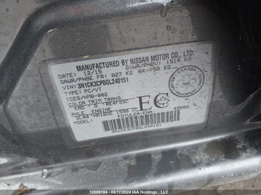 2016 Nissan Micra VIN: 3N1CK3CP0GL240151 Lot: 12009184