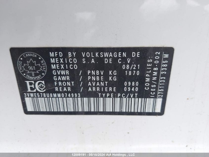 2021 Volkswagen Jetta VIN: 3VWE57BU8MM074993 Lot: 12009191