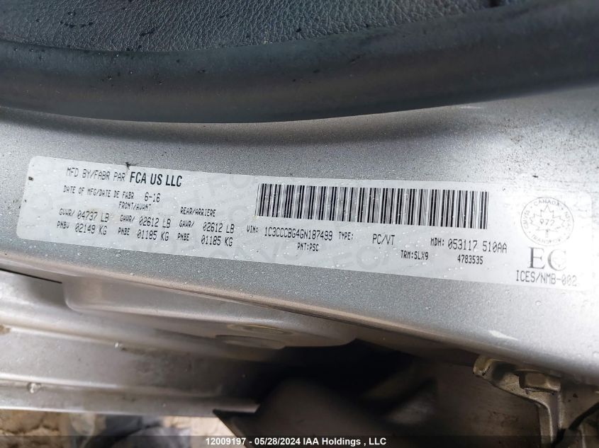 2016 Chrysler 200 S VIN: 1C3CCCBG4GN187499 Lot: 12009197