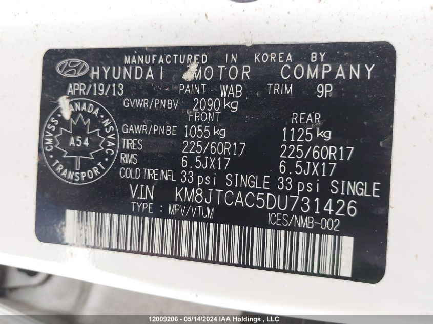 2013 Hyundai Tucson Gl VIN: KM8JTCAC5DU731426 Lot: 12009206