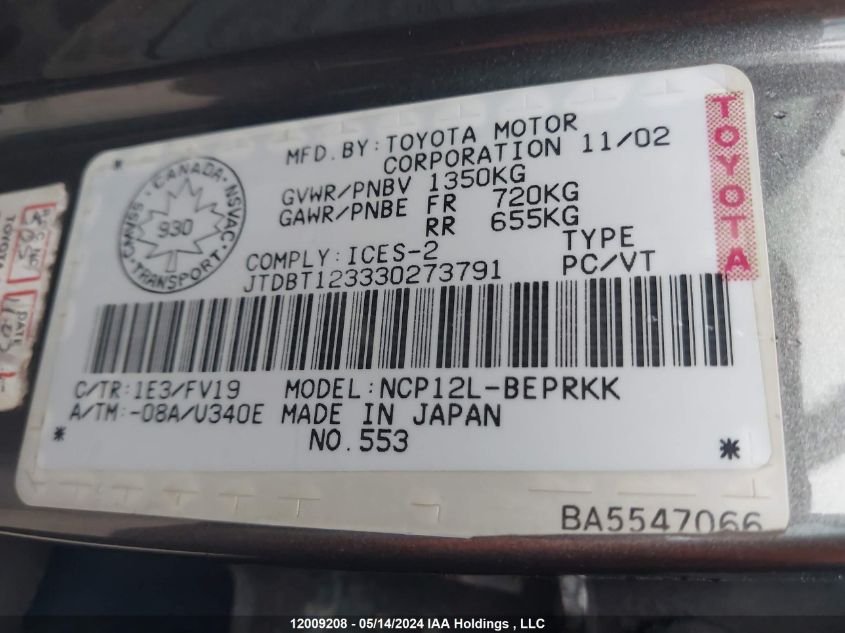 2003 Toyota Echo VIN: JTDBT123330273791 Lot: 12009208