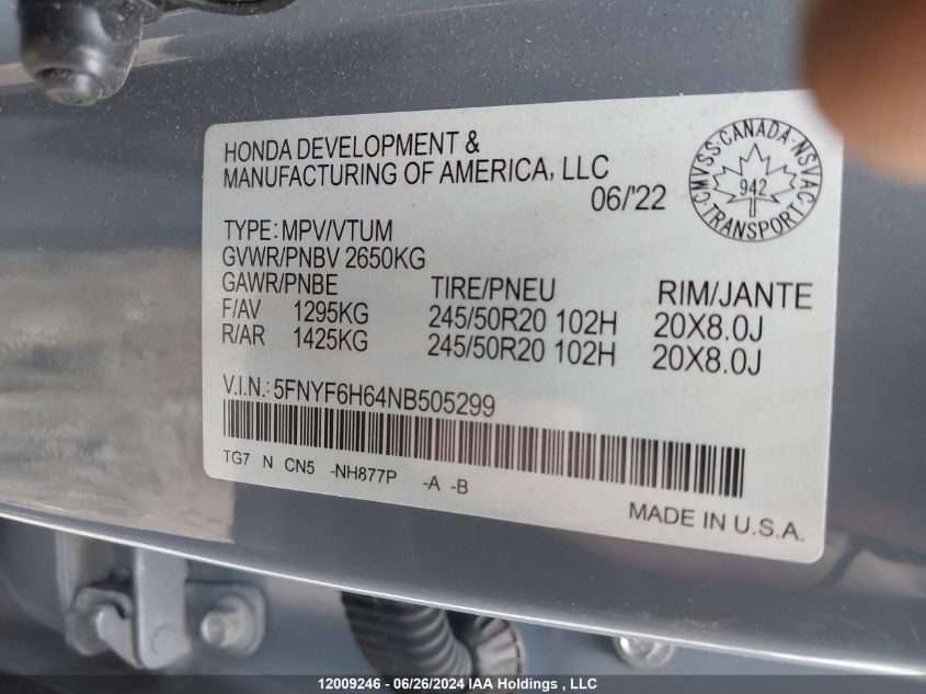 2022 Honda Pilot VIN: 5FNYF6H64NB505299 Lot: 12009246