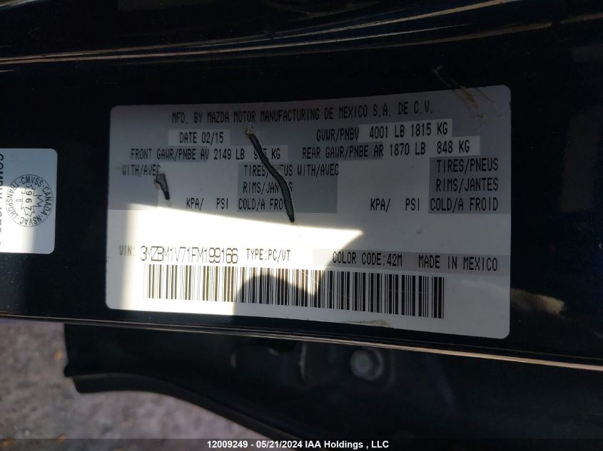 2015 Mazda Mazda3 VIN: 3MZBM1V71FM199166 Lot: 12009249