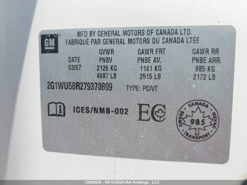 2007 Chevrolet Impala VIN: 2G1WU58R279370809 Lot: 12009250