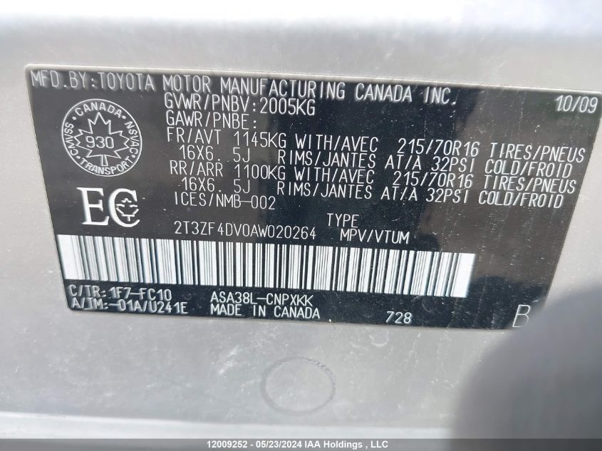 2010 Toyota Rav4 VIN: 2T3ZF4DV0AW020264 Lot: 12009252