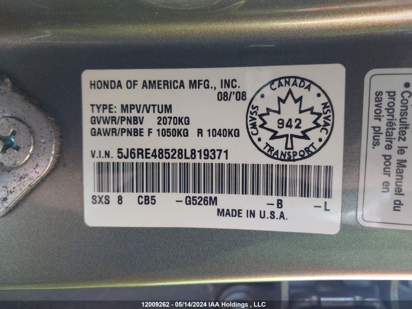 2008 Honda Cr-V VIN: 5J6RE48528L819371 Lot: 12009262