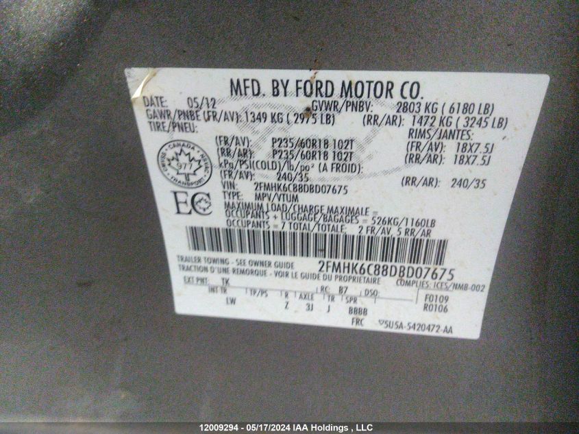 2013 Ford Flex Sel VIN: 2FMHK6C88DBD07675 Lot: 12009294