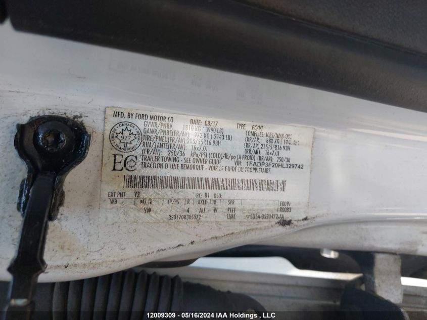 2017 Ford Focus Se VIN: 1FADP3F20HL329742 Lot: 12009309