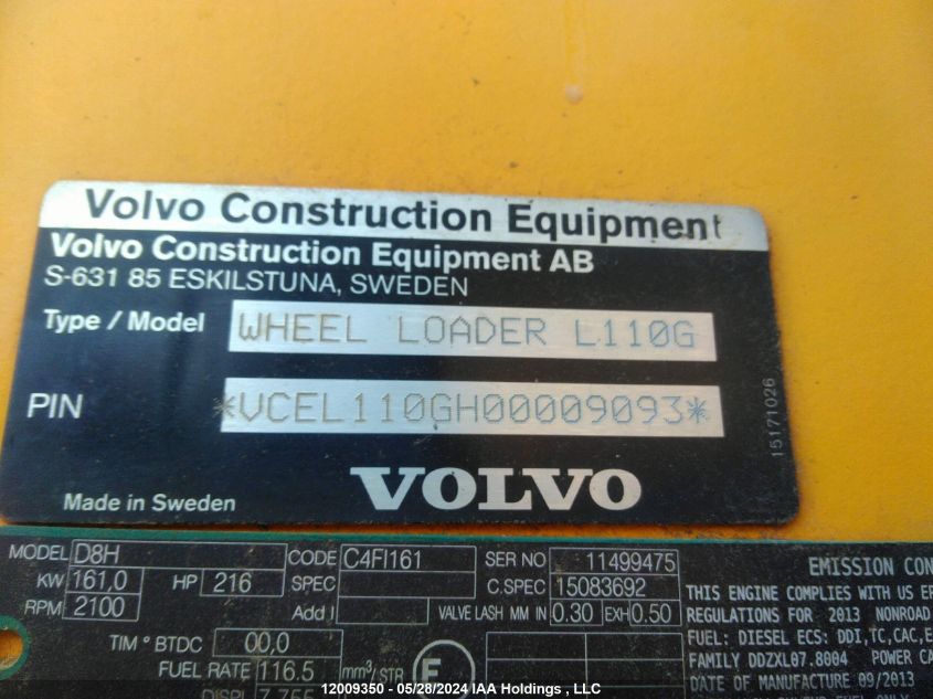 2013 Volvo Loader VIN: VCEL110GH00009093 Lot: 12009350