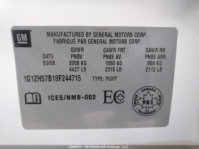 2008 Chevrolet Malibu VIN: 1G1ZH57B18F244715 Lot: 12009373